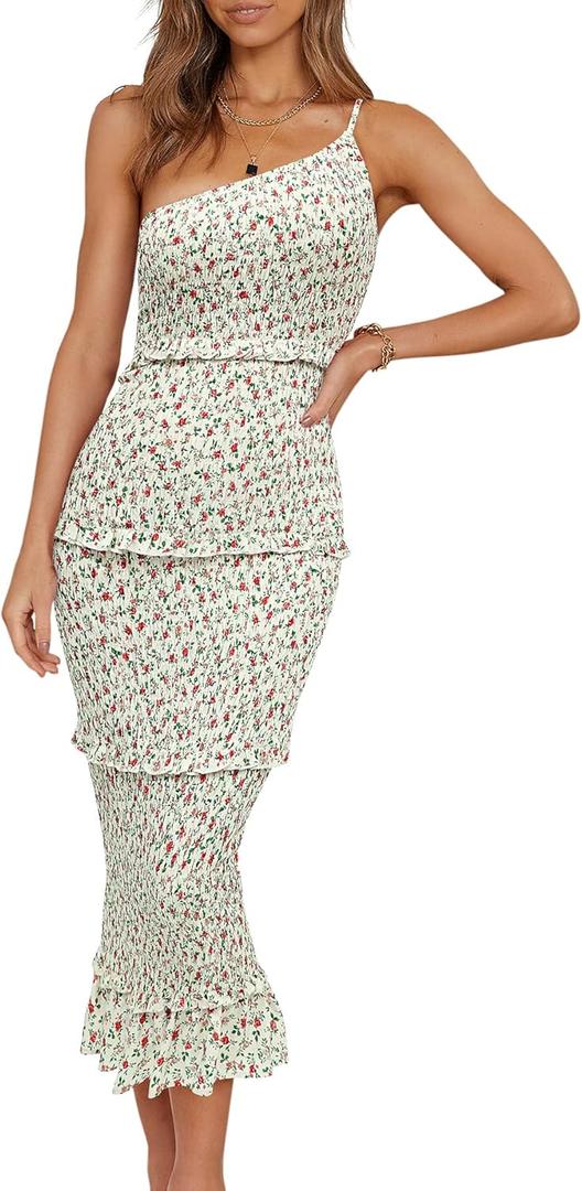 PRETTYGARDEN Women's Summer Midi Bodycon Dresses One Shoulder Strappy Tiered Ruffle Floral Boho Sun Dress (S)