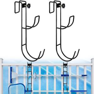 2PCS Adjustable Pool Pole Hanger,Double Pool Fence Hooks for Pool Equipment,Metal Fence Hook,Pool Tool Holder for Hanging Pool Hose/Telescopic Poles/Skimmer/Net,Fits Railing up to 1.5in