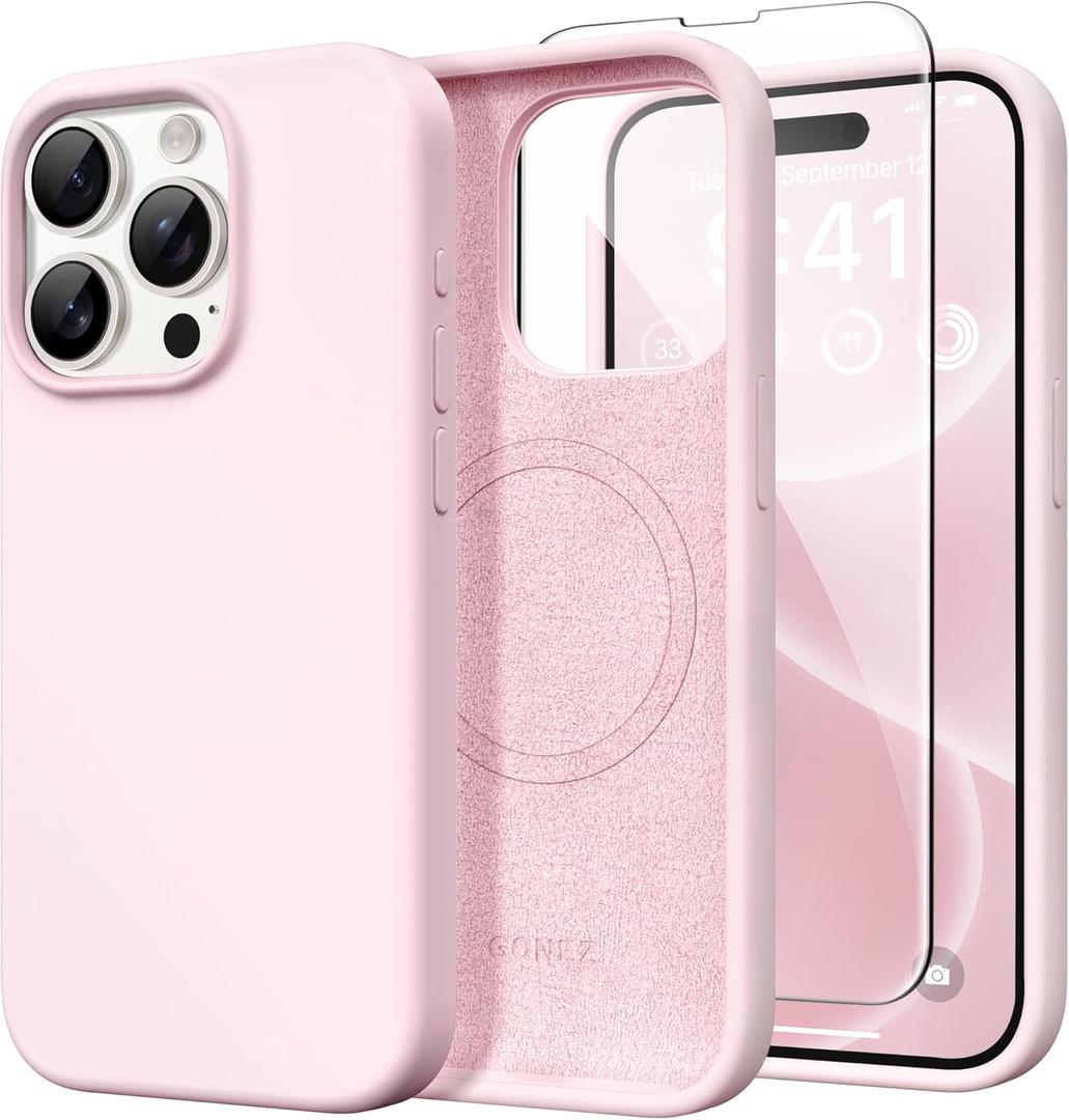 GONEZ Magnetic for iPhone 15 Pro Max Case, [Compatible with MagSafe] Anti-Scratch Microfiber Lining & Screen Protector, Shockproof Slim Phone Silicone Cover 6.7 inch, Chalk Pink