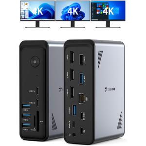 TobenONE 18 in 1 Laptop Docking Station 3 Monitors, Triple 4K Display with 3 HDMI, 9 USB Ports, Gigabit Ethernet, PD3.0, for Windows/Dell/Lenovo/HP/Thinkpad Laptops (No Power Adapter)