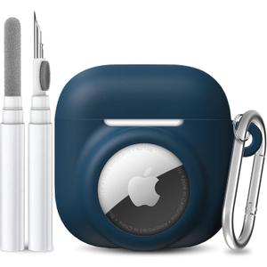2 in 1 Silicone Case Compatible with AirPod 4 and AirTag 2/1, Shockproof Protective Skin Cover for AirPods 4th Generation with Cleaner Kit & Carabiner (Dark Blue)