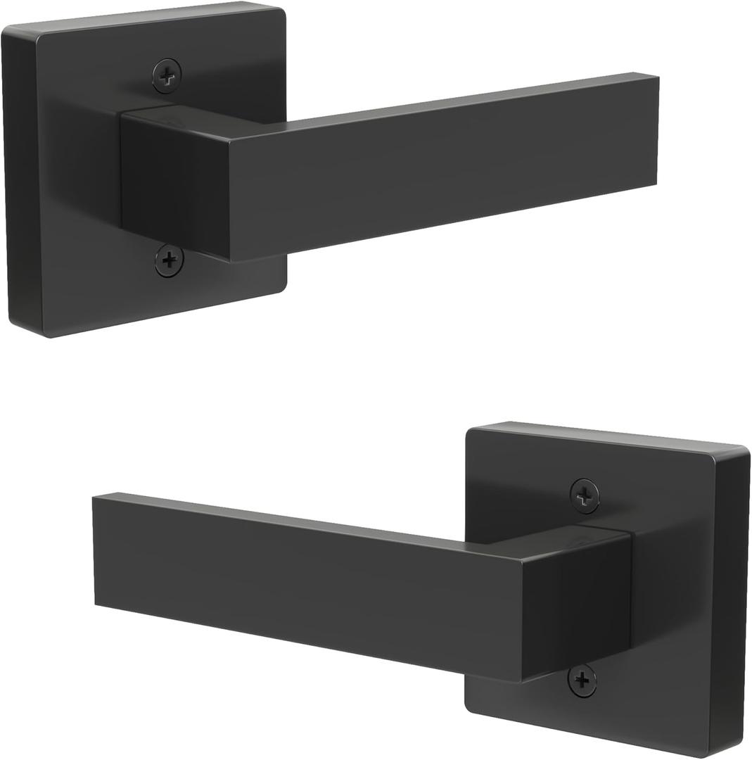 Dummy Door Handles Interior - Pack of 2, Matte Black Door Handle Single Side Lever for Closet & French Doors | Ambidextrous Square Design, Powder Coated Non-Turning and Non-Locking Handle (Dummy with Screws)