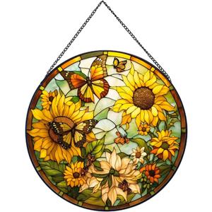 Sunflower Hanging Stained Glass for Windows,20cm/7.87inch Hand-Painted Sun Catcher Garden Hangings Christmas Mother's Day, Valentine's Day Ornaments Festival Gift