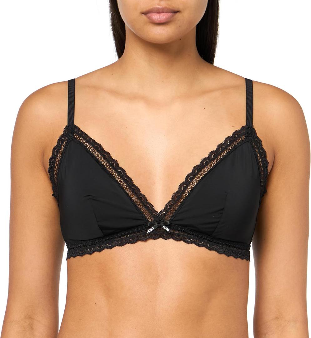 HUGO Women's Unique Lace Trim Triangle Bra (Large, Night Black)