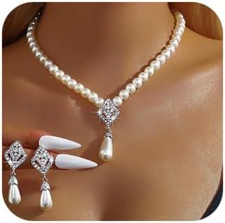 JWICOS Pearl Bridal Necklace Earrings Set Sliver Rhinestone Necklaces Crystal Bride Choker Necklace Accessories for Women and Wedding