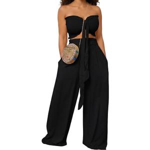 Ekaliy Womens Summer Outfits 2 Piece Sets Casual Vacation Tie Front Bandeau Crop Tube Top and Wide Leg Pants Set With Pockets (Black, S)