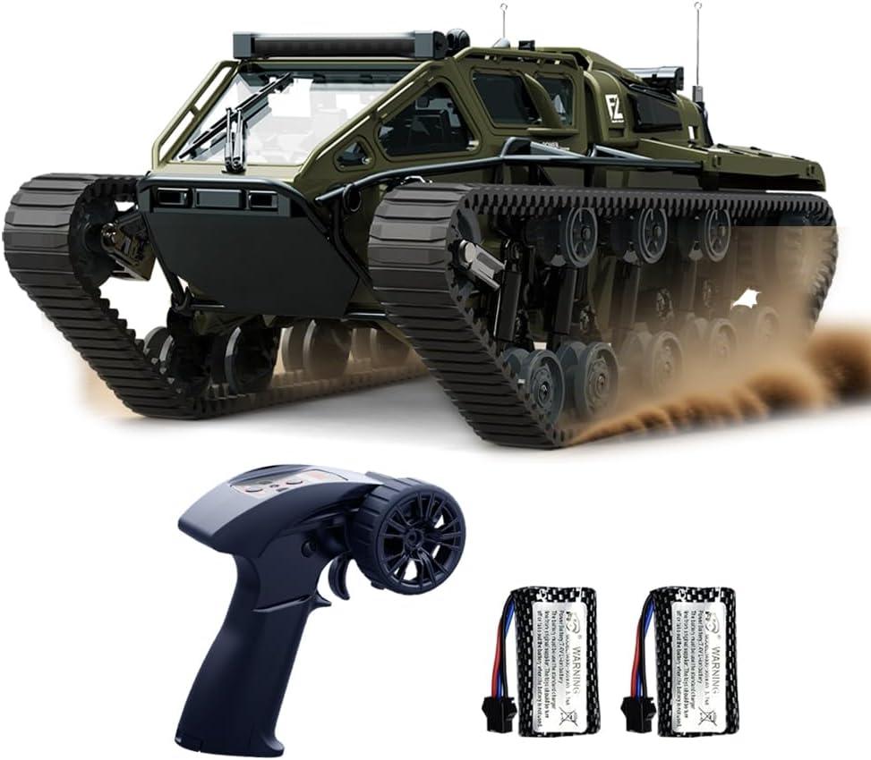 RC Tank All Terrain Army Truck for Kids - 2.4G Fully Proportional Remote Control Military Vehicle with 2 Batteries, Rock Crawler 4WD 360Rotating Drifting Car with Cool Lights, Great Gift for Boys