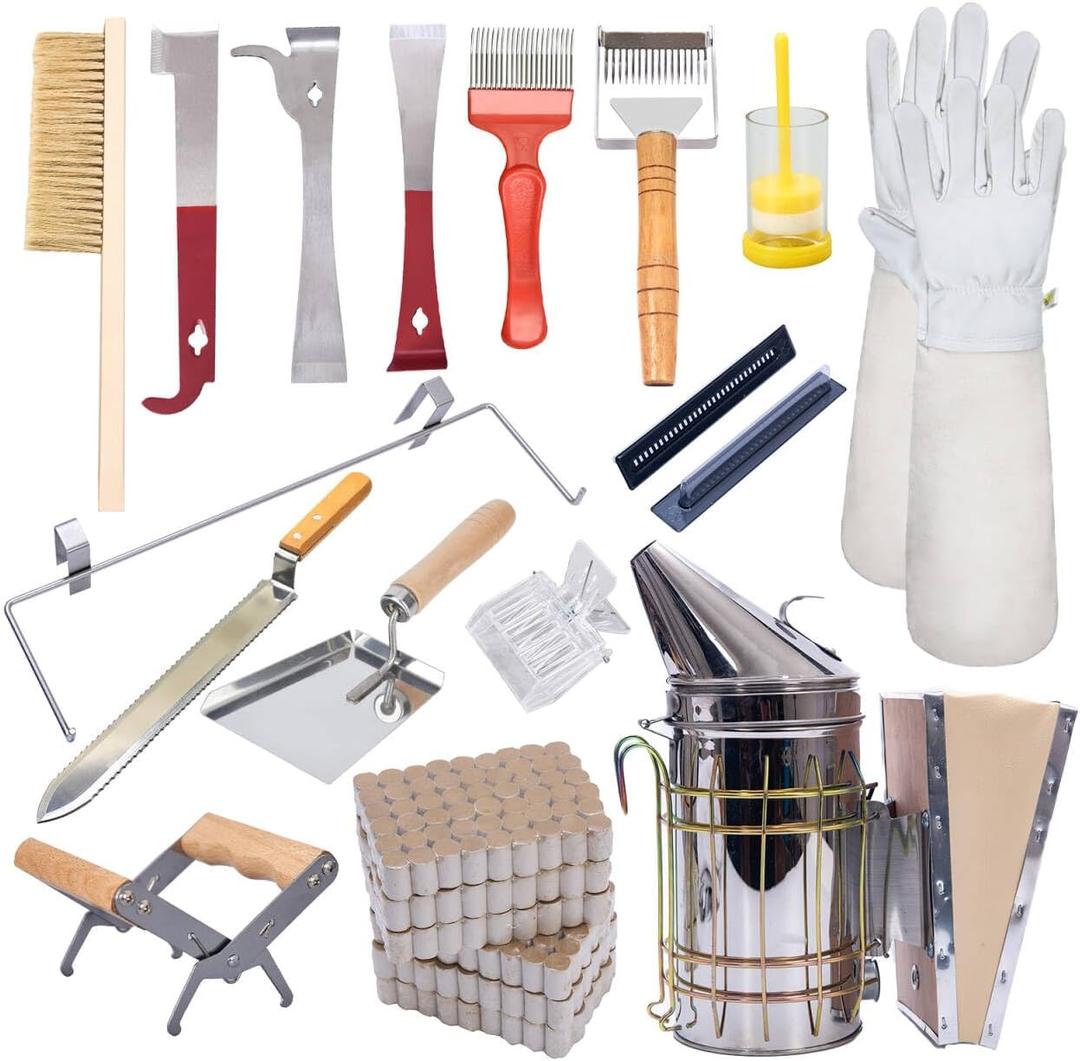 POLLIBEE 22 Pcs Beekeeping Tools, Bee Hives Starter Kit Beekeeping Supplies, Equipment with Bee Smoker for Beekeeping, Necessary Bee Hive Tools for Beginners and Beekeepers