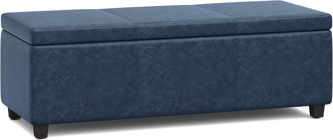 SIMPLIHOME Avalon Storage Ottoman Bench - 48" Wide x 16" High Upholstered Vegan Leather Rectangular Lift-Top Ottoman in Denim Blue, Contemporary Storage Bench for Living Room with High-Density Foam, 18.1"D x 48.4"W x 16.1"H