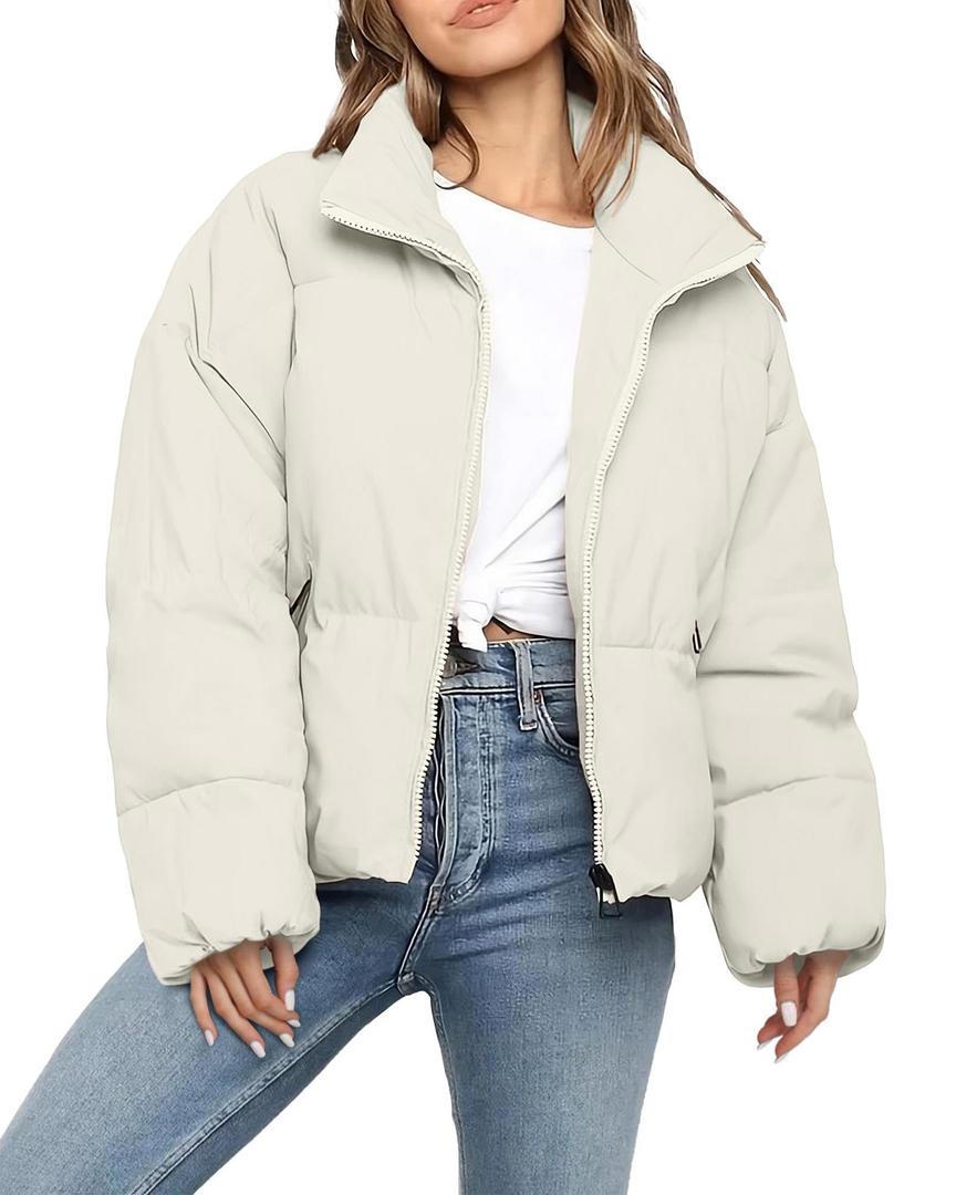 Polu Women's Puffer Jackets Oversized Long Sleeve Winter Zipper Coat Warm Quilted Jackets with Pockets(White,M) (M)