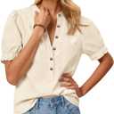 Cicy Bell Womens Puff Sleeve Tops Button Down Shirts Summer Casual Collared V Neck Cotton Blouse Beige XL