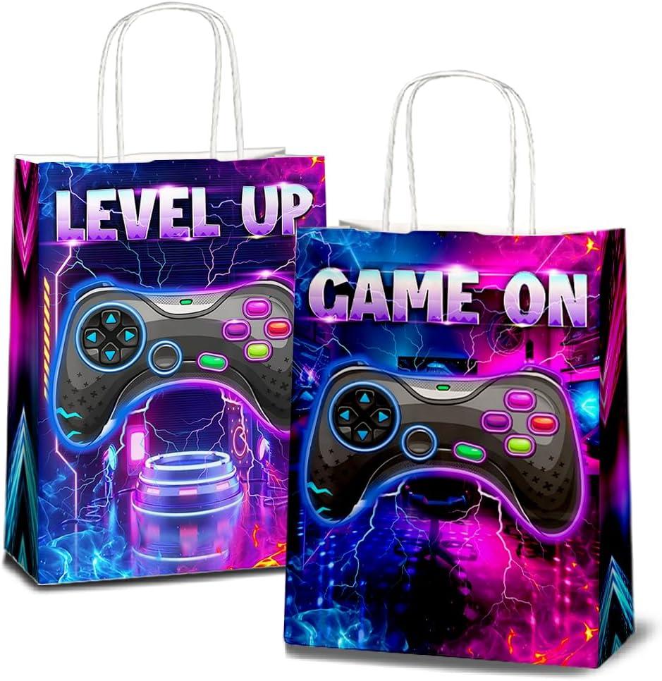 JOYGATHER 24 Pcs Gamer Party Favors Bags with Handles, Video Game Goodie Bags, Gift Bags, Candy Bags with 2 Different Types, Gaming Kraft Paper Bags for Birthday Party Supplies Baby Shower Decorations