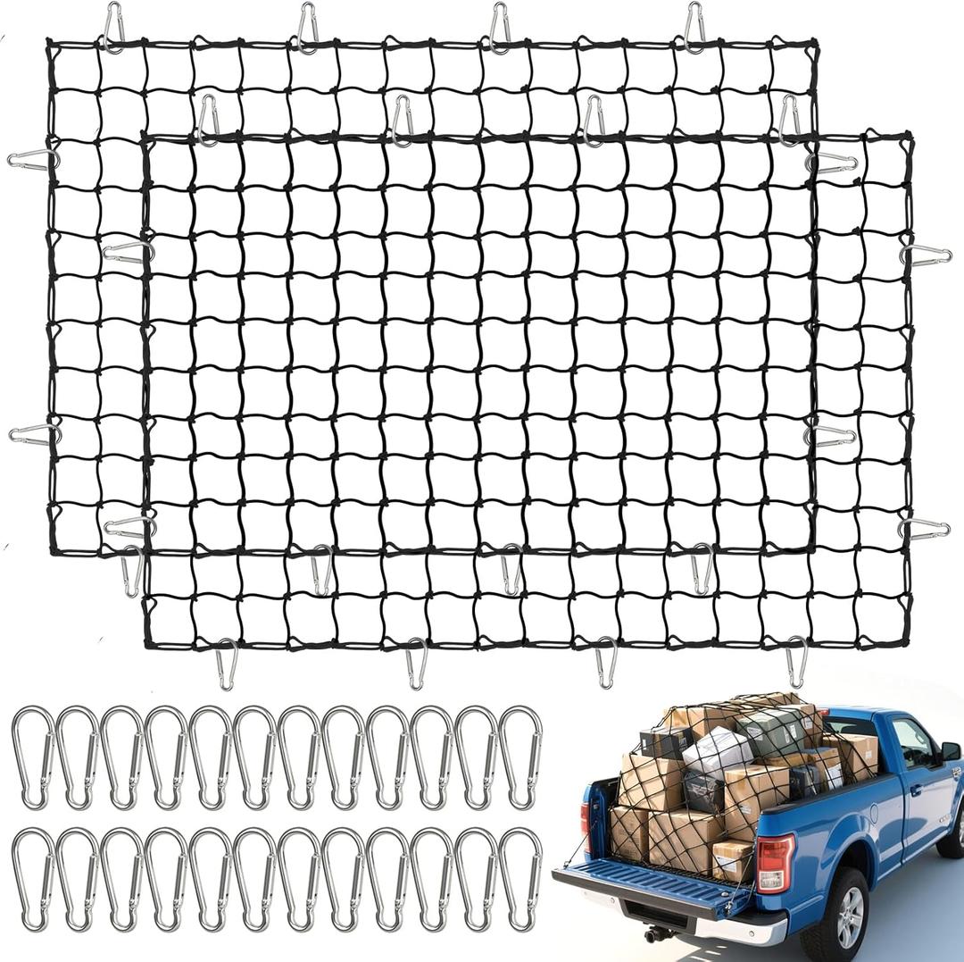 2 Pack Cargo Net for Pickup Truck Bed, 4' x 6' Heavy Duty Bungee Mesh, Simple Car Cargo Mesh Organizer with 24 Hooks Suitable for Pickup Truck Bed, SUV, Small Trailer Cargo