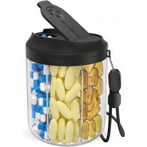 Pill Bottle Organizer with 7 Large Compartments, Pill Dispenser 4.4" H x 3.6" Dia for Travel, Supplement Organizer with Anti-Mixing Design, BPA-Free Pill Container with 20 Pcs Labels, Black