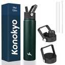 Konokyo Insulated Water Bottle 24oz Stainless Steel Sport Bottles with 3 Lids,Army Green