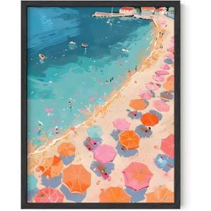 HAUS AND HUES Beach Wall Art - Coastal Art Print for Living Room, Beachy Wall Decor for Ocean-themed Bedroom, Modern Coastal Beach Painting(Pink Orange Beach 2, Unframed, 12x16)