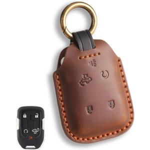 for Chevy Key Fob Cover Compatible with Silverado 1500 2500HD 3500HD Suburban Sonic GMC Canyon Sierra 1500 2500 HD 3500 HD 5 Button Smart Leather Car Key Case Shell Chain Accessories/Brown