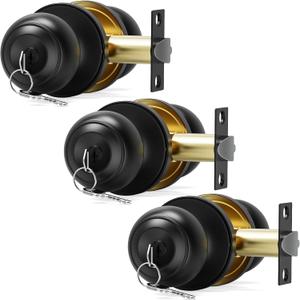 Door Knob with Lock and Key, Keyed Different Entry Door Knob, Exterior and Interior with Adjustable Latch for Bedroom & Bathroom, Round Ball Handle, Matte Black Finish, 3 Pack
