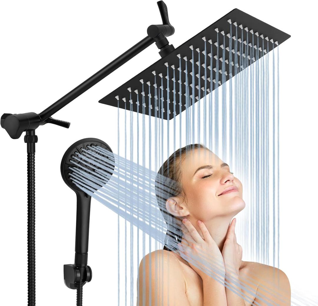 Rain Shower Head with Handheld Spray, Lanhado 10'' High Pressure Shower Heads with 11'' Extension Arm, 9 Settings Handheld Shower Heads with Hose & Holder, Anti-leak Dual Rainfall Shower Head, Black
