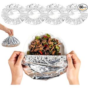 60 Pcs Reusable Aluminum Foil Food Covers, Insulated Elastic Lid for Bowls Plates, Heat Resistant up to 110℉ for Kitchen Picnic Home Leftovers