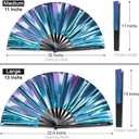 Large Rave Fan, Clack Folding Hand Fan with Premium Fabric, Thick Bamboo Frame for Men Women Gift for EDM, Festival, Club, Party, Dance, Decoration (Holographic Blue-Purple, 13")