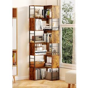 Baoz 7-Tier Corner Shelf- L Shape Corner Bookshelf with Storage- Wood Metal Bookcase Open Floor Stand Shelf Tall Decorative Display Storage Organizer in Living Room/Bedroom/Home/Office (Rustic Brown)