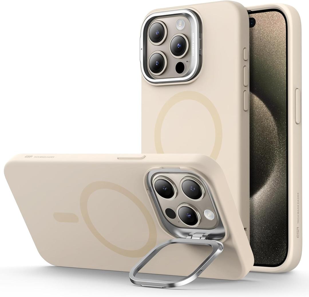 ESR MagSafe Silicone Case with Built-in Stand for iPhone 15 Pro Max - Military-Grade Protection, Camera Stash and Magnetic Phone Case, Cloud Series, Light Tan