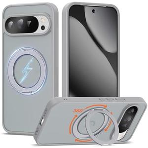 UGENINO Compatible with Google Pixel 9 Pro XL/Pixel 10 Pro XL Case with 360° Magnetic Ring Stand [Compatible with Mag-Safe] Shockproof Translucent Phone Case 6.8" for Women Men, Grey