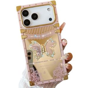 Cute Compatible with iPhone 17 Pro Max Case with Luxury Bling Glitter Butterfly Foldable Stand Kickstand,Girly Soft PC Mirror Designer Bumper Protective Cover for Women & Girls(Pink)
