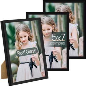 Upsimples 5x7 Picture Frame Set of 3, Made of High Definition Glass for 5 x 7 Black Frames, Wall and Tabletop Display Thin Border Photo Frame for Home Decor