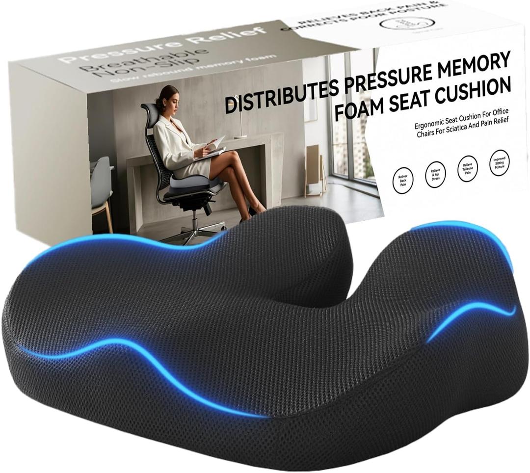 Memory Foam Seat Cushion for Office Chair, Car, Wheelchair  Coccyx Tailbone Support Pad for Sciatica & Back Pain Relief, Ergonomic Chair Cushion for Home, Travel, Work Desk (Black)