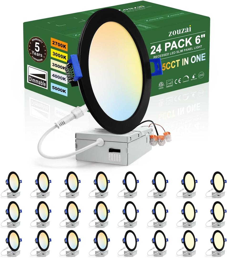 zouzai 24 Pack 6 Inch Black 5CCT Reset Ultra-Thin LED Recessed Ceiling Light with Junction Box, 2700K/3000K/3500K/4000K/5000K Selectable, 12W Eqv 110W,Dimmable- ETL and Energy Star Certified