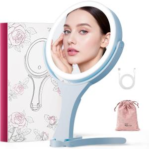 Hasipu Travel Makeup Mirror with 3 Color Lights, 1X/10X Double-Sided Magnifying Mirror, Rechargeable Beauty Mirror with Touch Control, Portable 3 in 1 Vanity Mirror Tabletop Handhold Hanging (Blue)