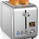 SEEDEEM 2 Slice Toaster - Stainless Steel With Color LCD Display, 7 Bread Shade Settings, 1.4'' Wide Slots, Bagel/Defrost/Reheat Functions, Removable Crumb Tray, 900W, Silver Metallic (6.1*10.6*7.4)