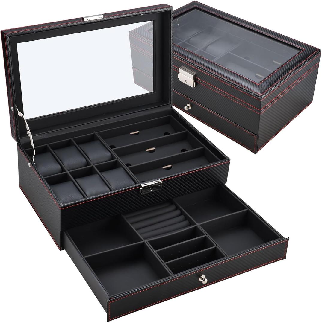 NovelBee Double Layer Watch Jewelry Boxes for Men Women,6 Slots Watch Boxes,3 Grids Eyeglasses Sunglass Organizer with Drawer,2-layer Jewelry Display Organizer Case For Earrings,Rings,Bracelets