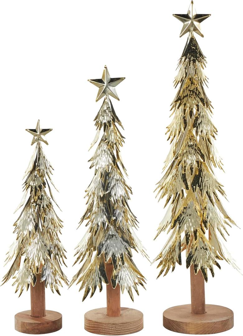Deco 79 Metal Tree Decorative Sculpture Holiday Layered Branch Christmas Home Decor Statues with Wooden Base and Star Topper, Set of 3 Accent Figurines 21", 17", 14"H, Gold