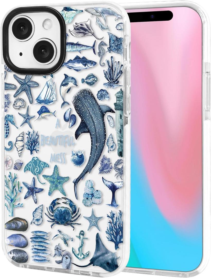 ChiCsFleur for iPhone 15 Case, TPU Phone case with Camera Protection for Women Girls Teens - Blue Whale Shark Stingray Coral Starfish Crab Beautiful Mess Ocean Collage Sorority Aesthetic Unique