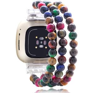 C&L Accessories Bands Compatible with Fitbit Versa 3/4 & Sense 2 Bands - Beaded Design for Women & Men (Dark Rainbow Tiger Eye)
