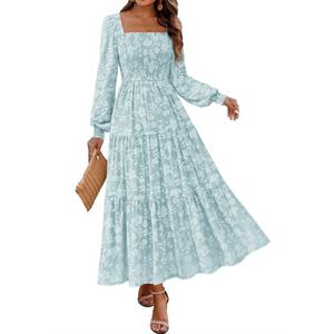 KIRUNDO Wedding Guest Dresses for Women Long Sleeve Smocked Floral Flowy A Line Boho Maxi Dress Fall Clothes(Light Blue, Large)