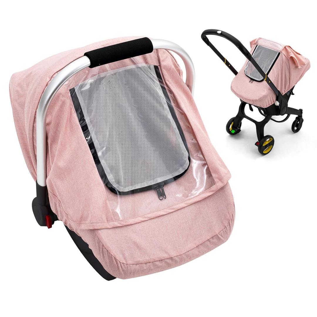 Baby Car Seat Cover, Waterproof Carseat Cover with EVA Transparent Window, Universal Car Seat Rain Cover with Storage Bag, Breathable Baby Carrier Cover for Cold Weather (Pink)
