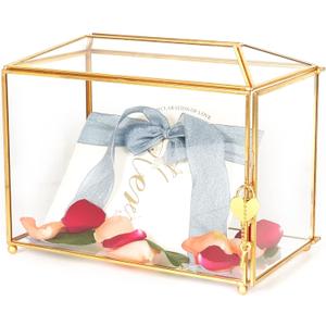 12.6" Glass Card Box Wedding Card Box with Lock for Wedding Reception Cosmetic Home Decor, Handmade Large Geometric Terrarium with Hinged Lid, Brass Frame - (Golden/Roof)