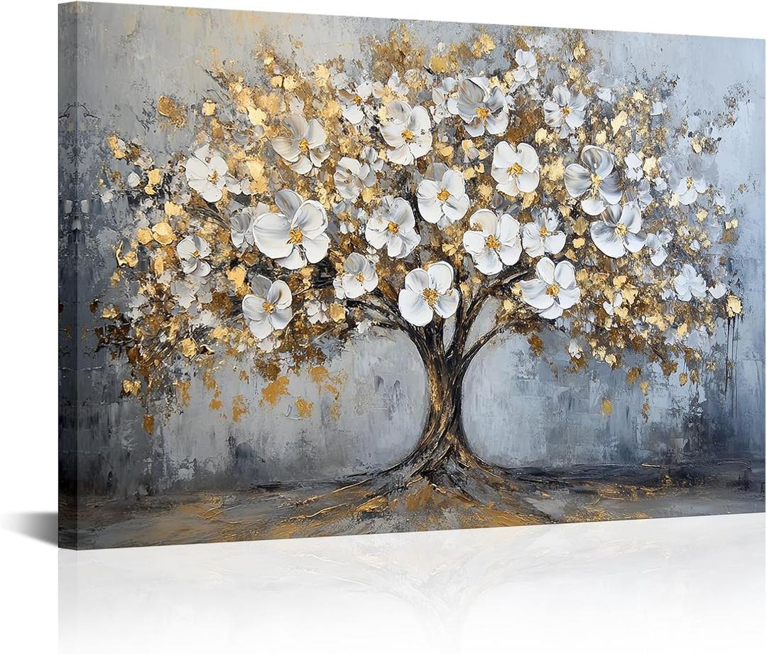 seteuret White Floral Canvas Wall Art, Gold and Gray Large Wall Decor - Abstract Home Decor for Living Room Bedroom, 16"X24"