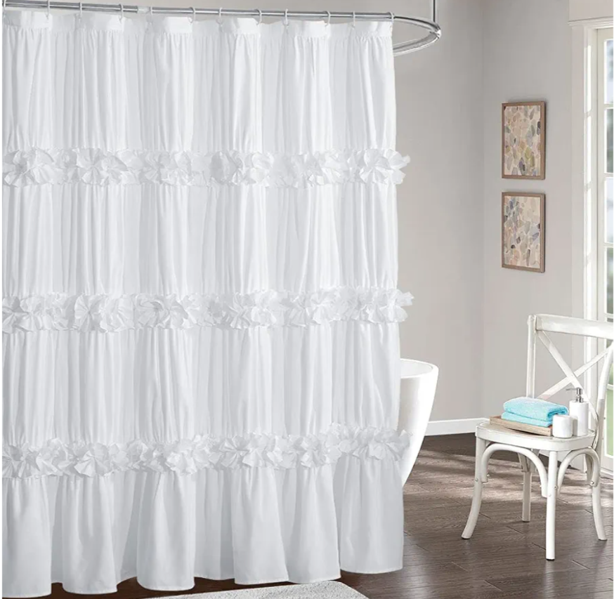 Peach Small Stall Ruffle Shower Curtain 36" W x 72" H, Vintage Handcrafted Bow Tie Bath Curtain for Master Bathroom, Ruched Microfiber Bathroom Curtain with 7 Buttonholes (LQ-10)