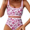 Herseas Women's Bikini Sets Floral Print Whip Stitch 2 Piece Swimsuits High Waisted Scoop Bathing Suits Medium