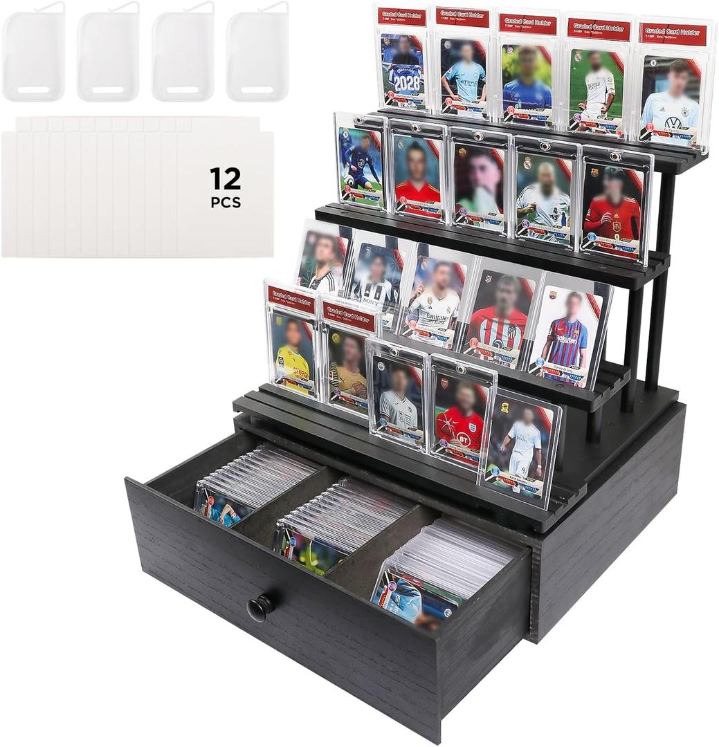 Wooden 4-Tier Trading Card Display Case, Sports Card Display stand with Custom Drawer, Card Supporters & Dividers For Graded Card Display Collection Storage