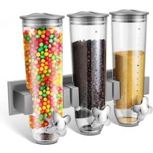 Umigy 1 Pcs Candy Dispenser Wall Mounted, Triple Dry Cereal Grain Dispenser Machine Wall Mount, Food Storage Container for Pantry Snack with 3 Cup for Kitchen, 39 oz (Gray)