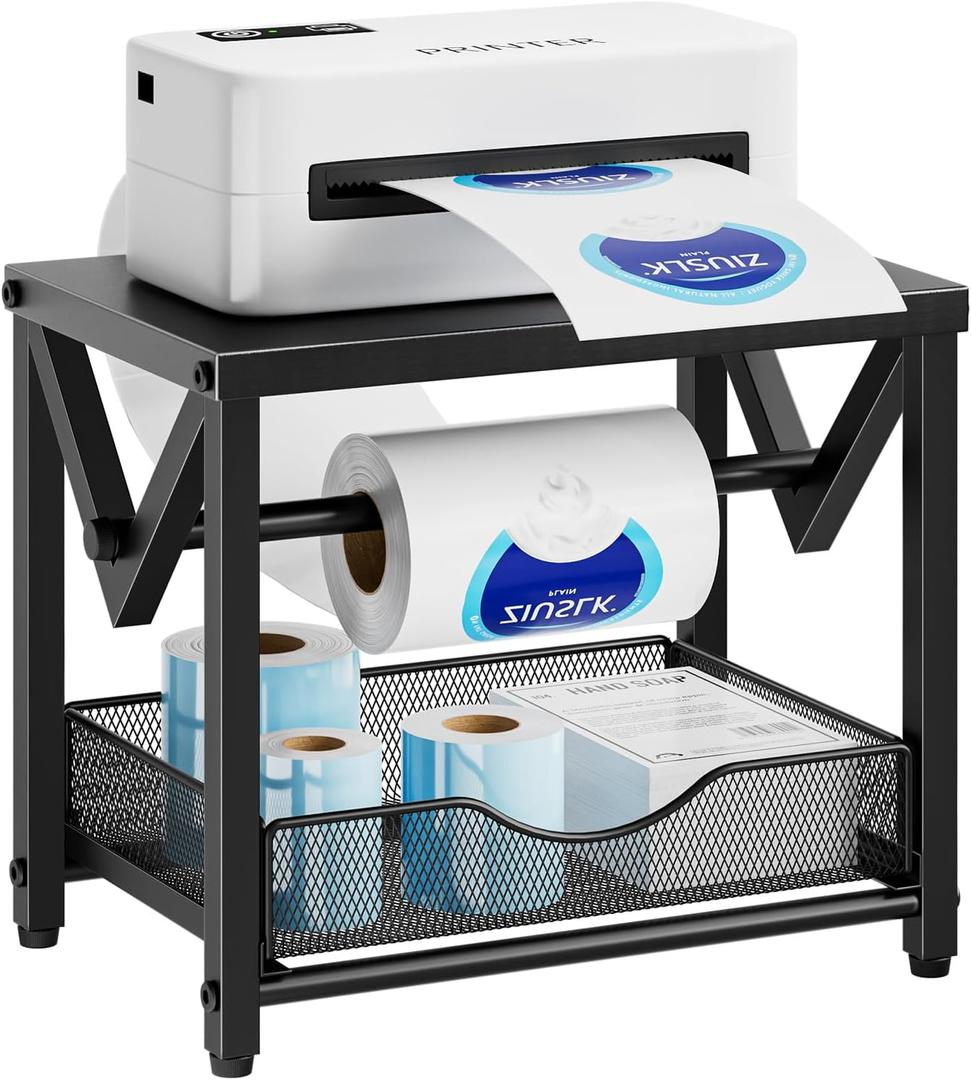 Marbrasse Label Holder for Rolls and Fanfold Labels, Metal Thermal Label Printer Holder with Drawer, Shipping Label Stand, Sticker Roll Holder for Home, Office, Small Business, Black