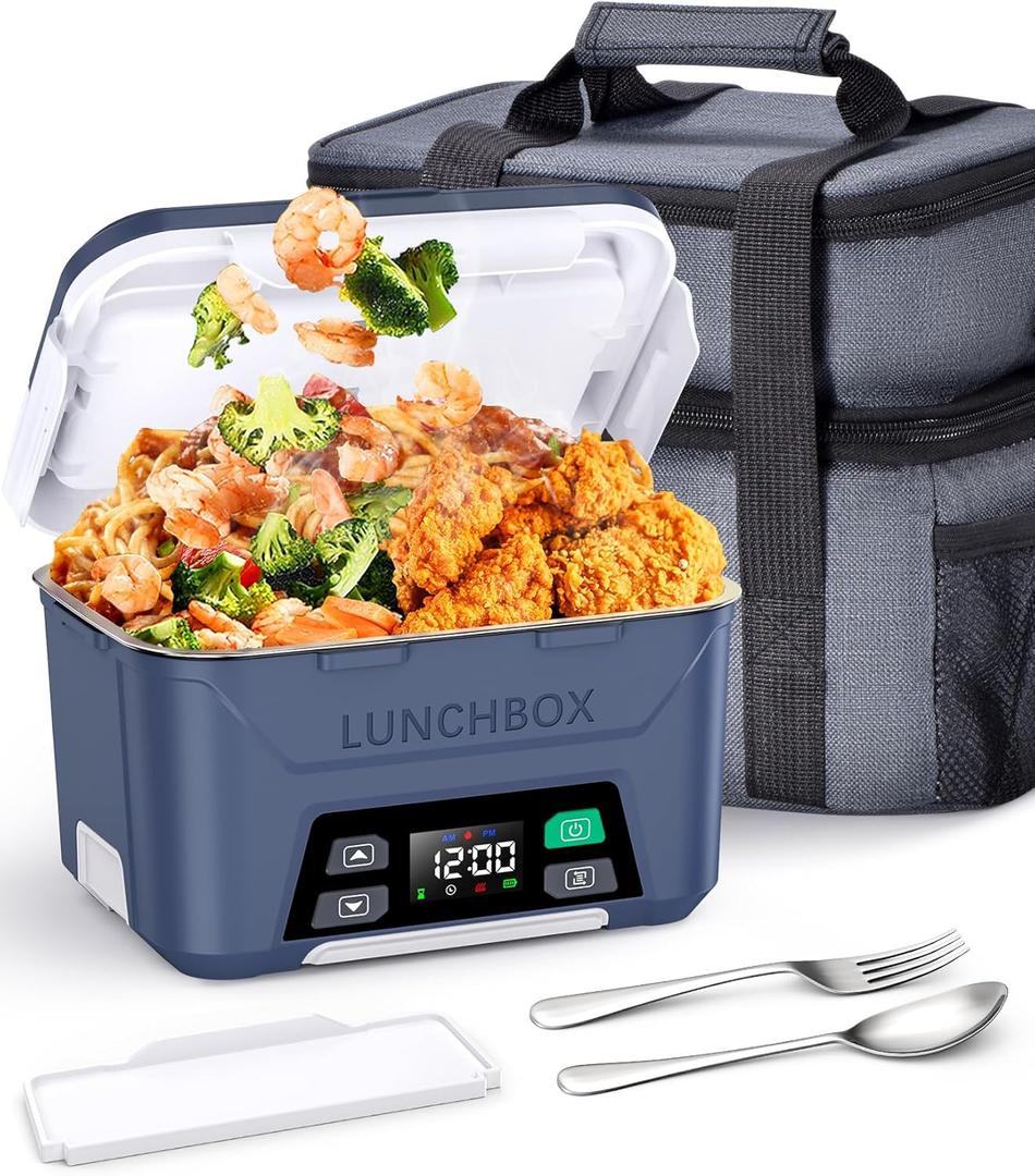 Rechargeable Heated Lunch Box for Men, 1.3L Cordless Electric Lunch Box for Adults with Smart Scheduled Heating, Portable Food Warmer with Complete Accessories (Blue)