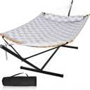 Large Hammock with 12FT Steel Stand, Freestanding Hammock with Curved Spreader Bar, Pillow and Portable Bag for Outside, Gray Ripples