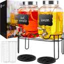 Drink Dispenser,2PACK Glass Drink Dispensers for Parties,1 Gallon Beverage Dispenser with Stand, Stainless Steel Spigot Leak proof, Come with Ice Cylinder, Fruit Tube and 2 Rubber Mats
